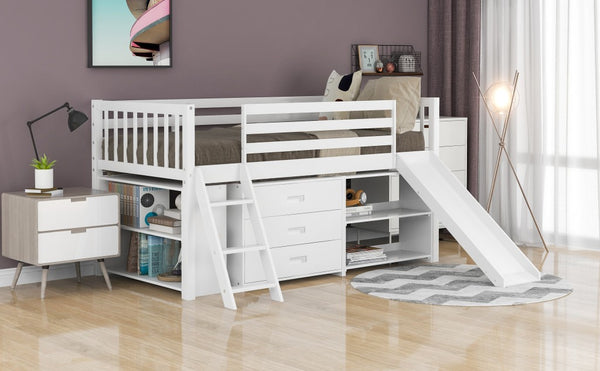 Homeroots White Twin Loft Bed With Cabinet And Shelves  Manufactured Wood + Solid Wood 404223