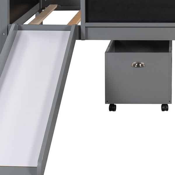 Homeroots Climbing Frame Gray Twin Size Loft Bed With Slide And Storage Boxes  Manufactured Wood + Solid Wood 404243