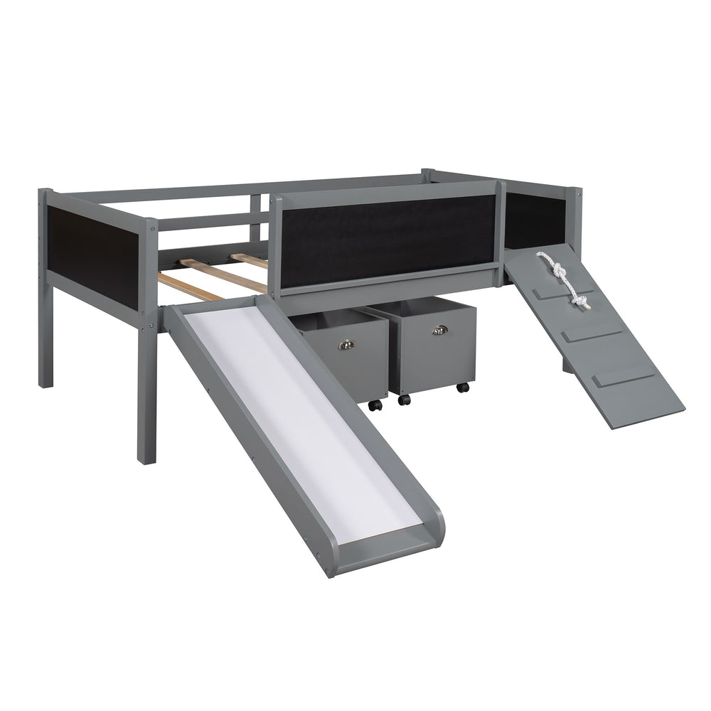 Homeroots Climbing Frame Gray Twin Size Loft Bed With Slide And Storage Boxes  Manufactured Wood + Solid Wood 404243