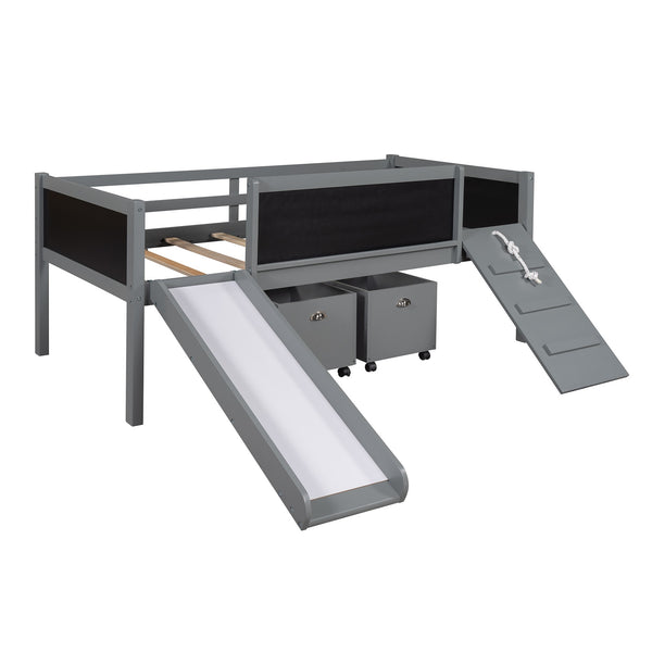 Homeroots Climbing Frame Gray Twin Size Loft Bed With Slide And Storage Boxes  Manufactured Wood + Solid Wood 404243