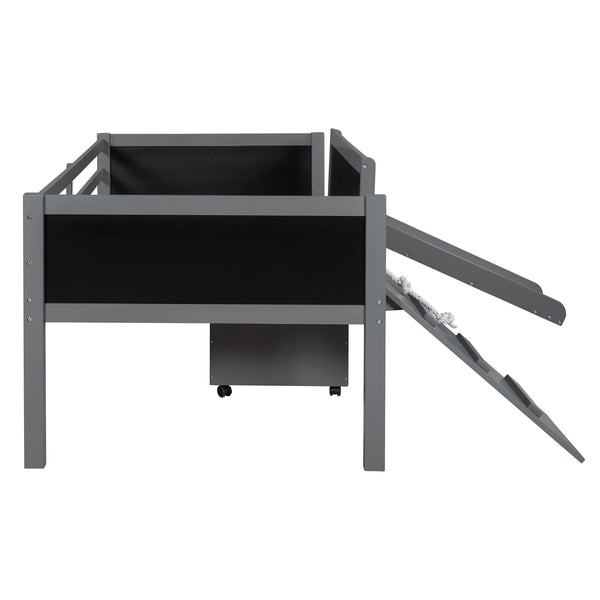 Homeroots Climbing Frame Gray Twin Size Loft Bed With Slide And Storage Boxes  Manufactured Wood + Solid Wood 404243