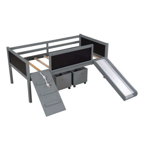 Homeroots Climbing Frame Gray Twin Size Loft Bed With Slide And Storage Boxes  Manufactured Wood + Solid Wood 404243
