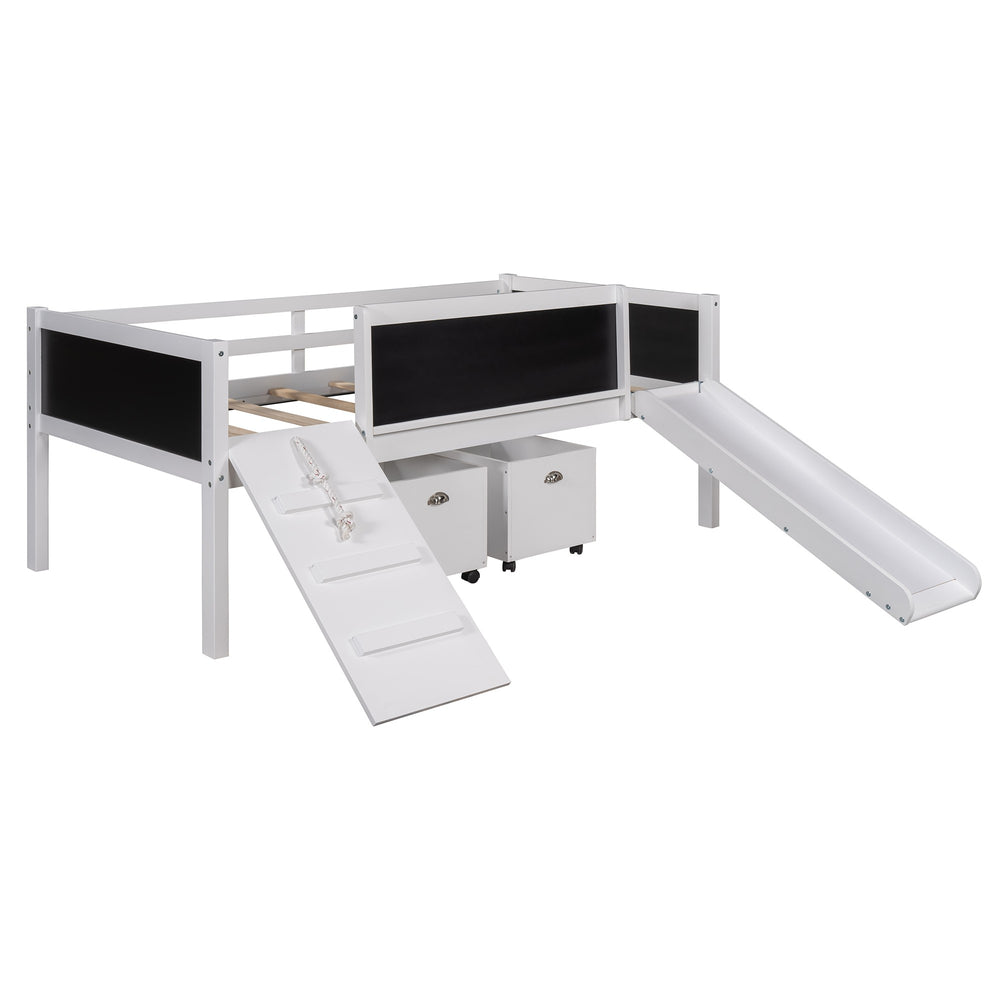 Homeroots Climbing Frame White Twin Size Loft Bed With Slide And Storage Boxes  Manufactured Wood + Solid Wood 404244