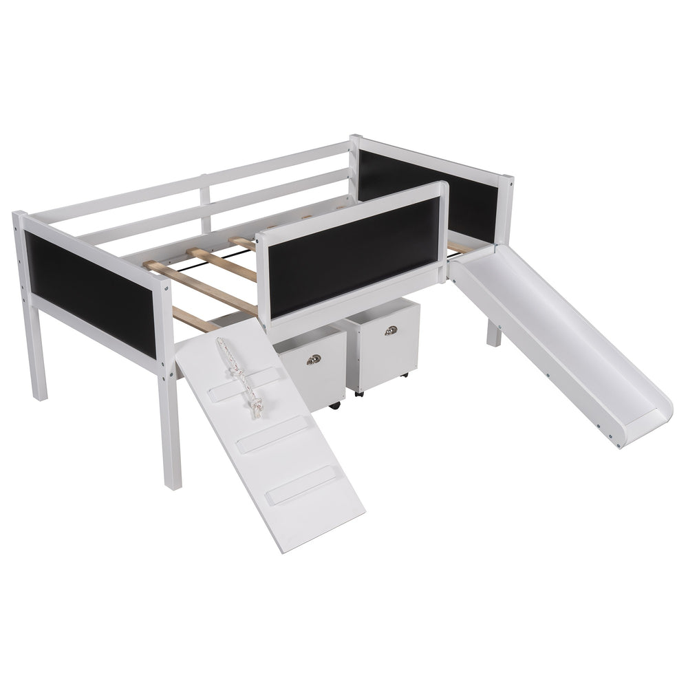 Homeroots Climbing Frame White Twin Size Loft Bed With Slide And Storage Boxes  Manufactured Wood + Solid Wood 404244