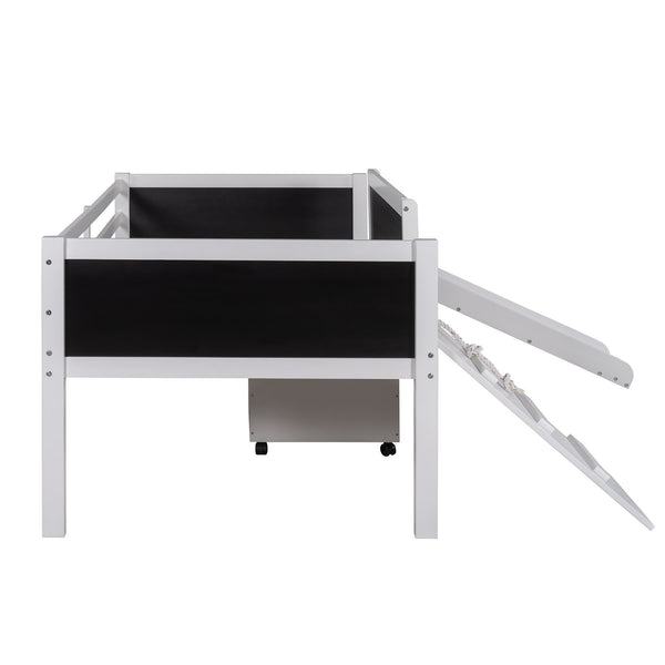 Homeroots Climbing Frame White Twin Size Loft Bed With Slide And Storage Boxes  Manufactured Wood + Solid Wood 404244
