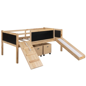 Homeroots Climbing Frame Natural Twin Size Loft Bed With Slide And Storage Boxes  Manufactured Wood + Solid Wood 404245