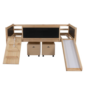 Homeroots Climbing Frame Natural Twin Size Loft Bed With Slide And Storage Boxes  Manufactured Wood + Solid Wood 404245