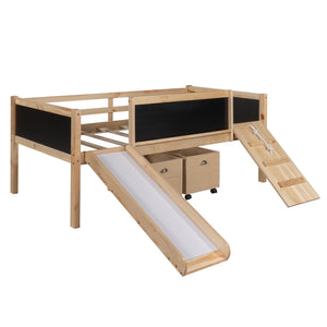 Homeroots Climbing Frame Natural Twin Size Loft Bed With Slide And Storage Boxes  Manufactured Wood + Solid Wood 404245