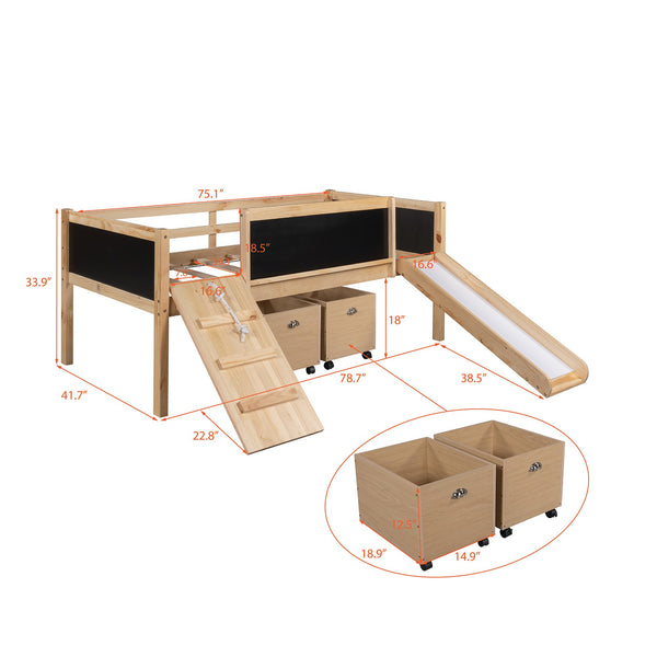 Homeroots Climbing Frame Natural Twin Size Loft Bed With Slide And Storage Boxes  Manufactured Wood + Solid Wood 404245
