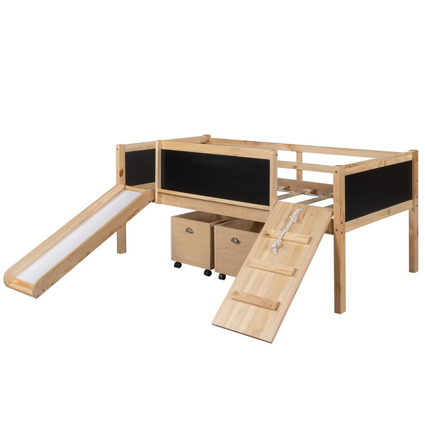 Homeroots Climbing Frame Natural Twin Size Loft Bed With Slide And Storage Boxes  Manufactured Wood + Solid Wood 404245