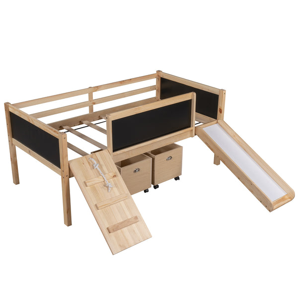 Homeroots Climbing Frame Natural Twin Size Loft Bed With Slide And Storage Boxes  Manufactured Wood + Solid Wood 404245