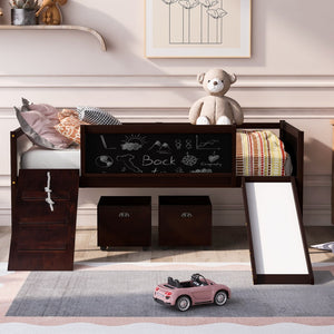 Homeroots Climbing Frame Dark Brown Twin Size Loft Bed With Slide And Storage Boxes  Manufactured Wood + Solid Wood 404246