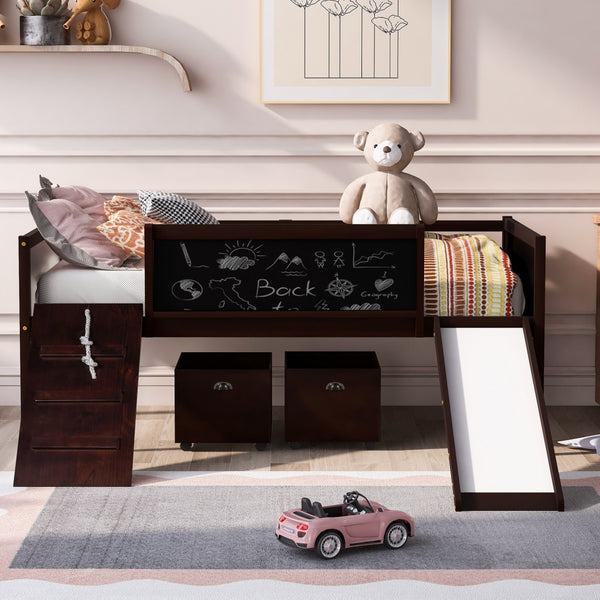 Homeroots Climbing Frame Dark Brown Twin Size Loft Bed With Slide And Storage Boxes  Manufactured Wood + Solid Wood 404246