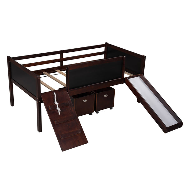 Homeroots Climbing Frame Dark Brown Twin Size Loft Bed With Slide And Storage Boxes  Manufactured Wood + Solid Wood 404246