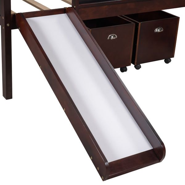 Homeroots Climbing Frame Dark Brown Twin Size Loft Bed With Slide And Storage Boxes  Manufactured Wood + Solid Wood 404246