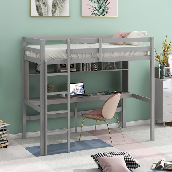 Homeroots Minimalist Gray Twin Size Loft Bed With Built In Desk And Shelf  Manufactured Wood + Solid Wood 404250
