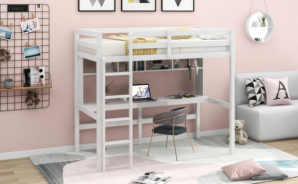 Homeroots Minimalist White Twin Size Loft Bed With Built In Desk And Shelf  Manufactured Wood + Solid Wood 404251