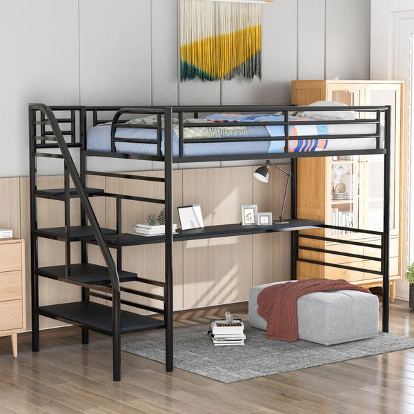 Homeroots Mod Black Twin Size Metal Loft Bed With Desk And Stairs  Steel 404252