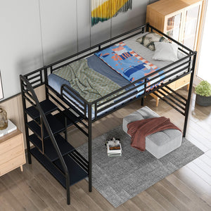 Homeroots Mod Black Twin Size Metal Loft Bed With Desk And Stairs  Steel 404252