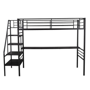 Homeroots Mod Black Twin Size Metal Loft Bed With Desk And Stairs  Steel 404252