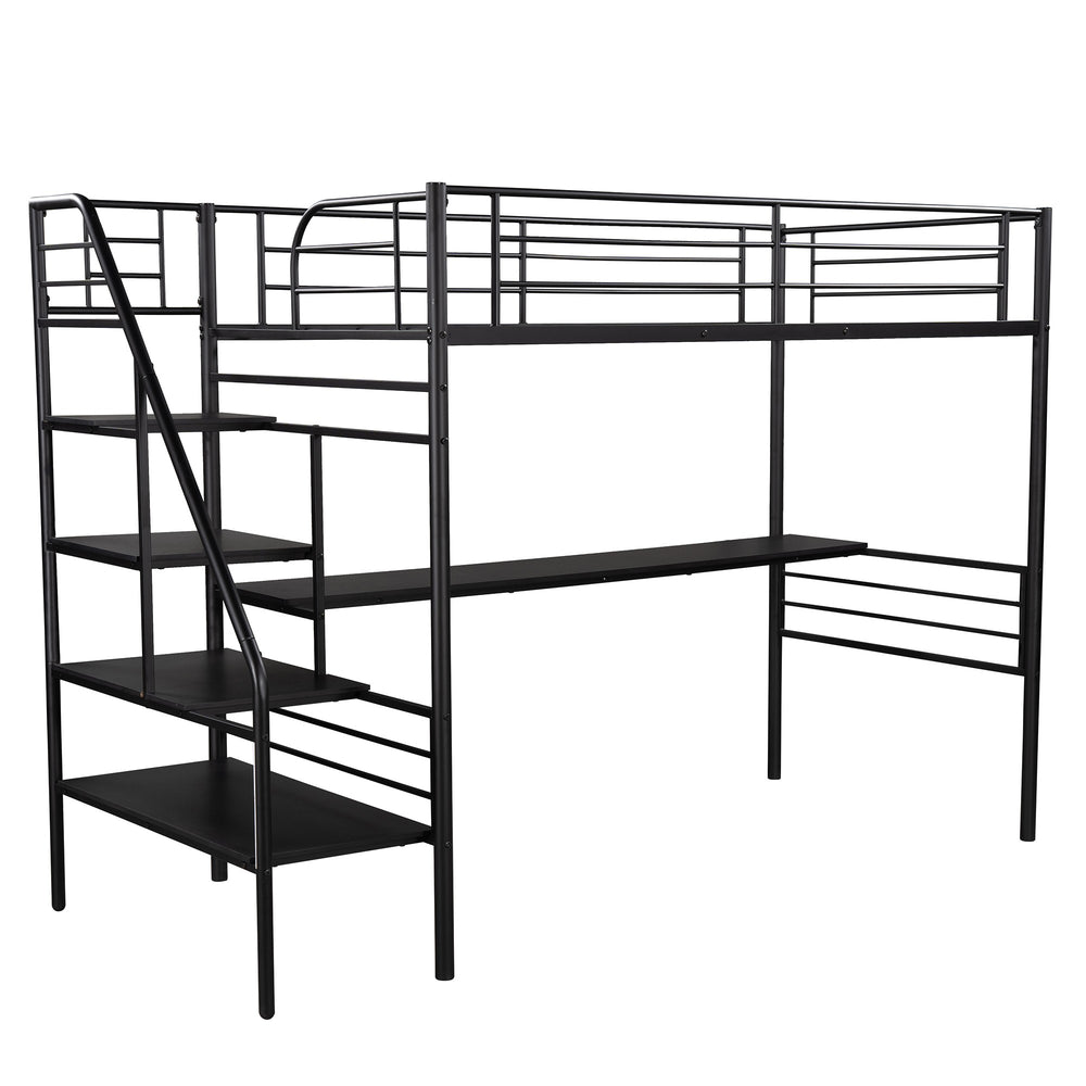 Homeroots Mod Black Twin Size Metal Loft Bed With Desk And Stairs  Steel 404252