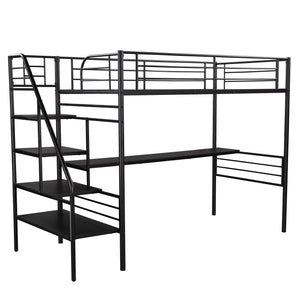 Homeroots Mod Black Twin Size Metal Loft Bed With Desk And Stairs  Steel 404252