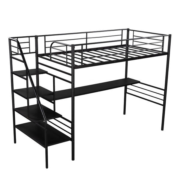 Homeroots Mod Black Twin Size Metal Loft Bed With Desk And Stairs  Steel 404252