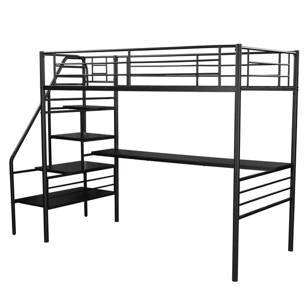 Homeroots Mod Black Twin Size Metal Loft Bed With Desk And Stairs  Steel 404252