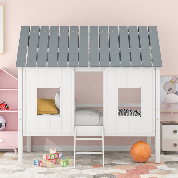 Homeroots Playhouse With Windows And Roof White Twin Size Low Loft Bed  Manufactured Wood + Solid Wood 404253