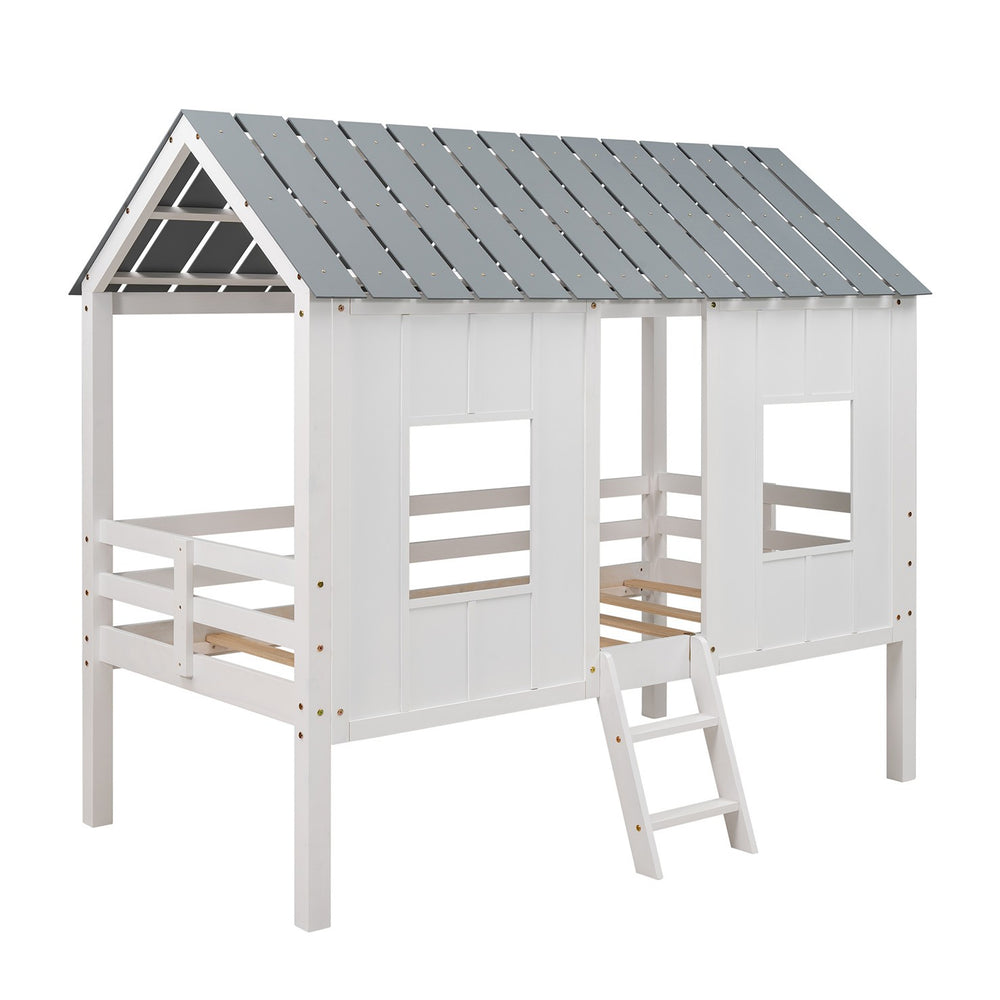 Homeroots Playhouse With Windows And Roof White Twin Size Low Loft Bed  Manufactured Wood + Solid Wood 404253