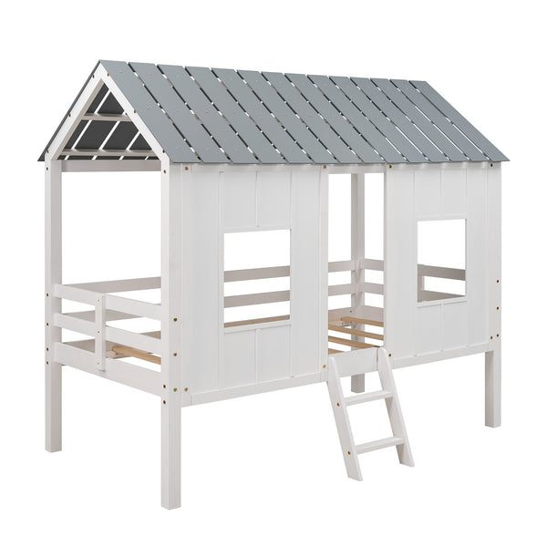 Homeroots Playhouse With Windows And Roof White Twin Size Low Loft Bed  Manufactured Wood + Solid Wood 404253