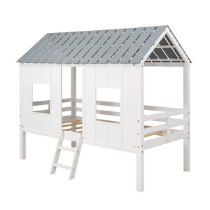 Homeroots Playhouse With Windows And Roof White Twin Size Low Loft Bed  Manufactured Wood + Solid Wood 404253