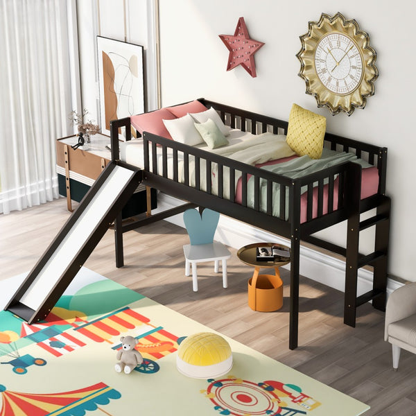 Homeroots Dark Brown Twin Size Loft Bed With Slide  Manufactured Wood + Solid Wood 404254