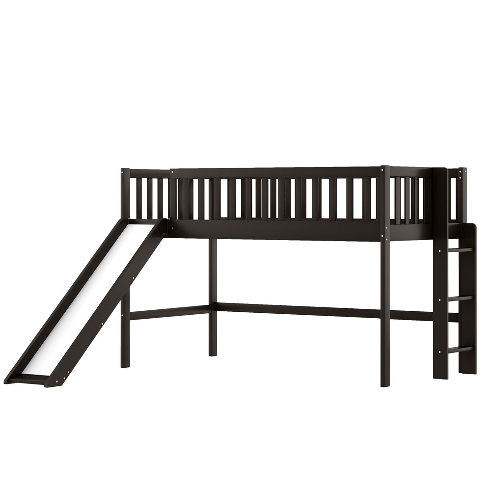 Homeroots Dark Brown Twin Size Loft Bed With Slide  Manufactured Wood + Solid Wood 404254