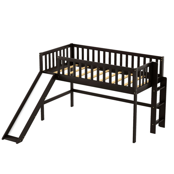Homeroots Dark Brown Twin Size Loft Bed With Slide  Manufactured Wood + Solid Wood 404254