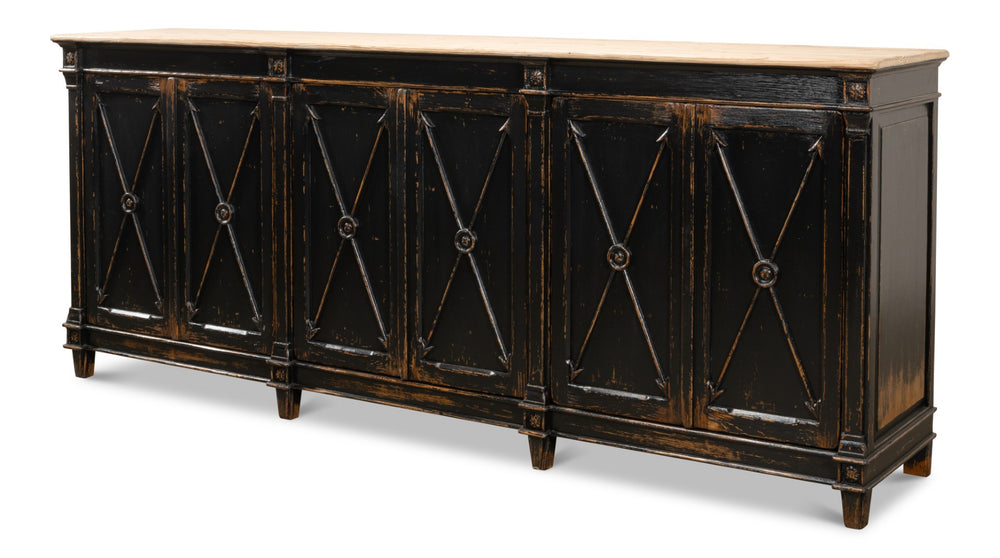 Sarreid Marksman Sideboard In Antique Ebony - Elegant Design With 3 Removable Shelves & Natural Top Black  40426-2