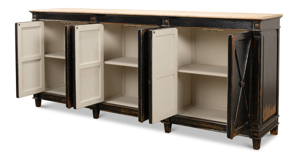 Sarreid Marksman Sideboard In Antique Ebony - Elegant Design With 3 Removable Shelves & Natural Top Black  40426-2