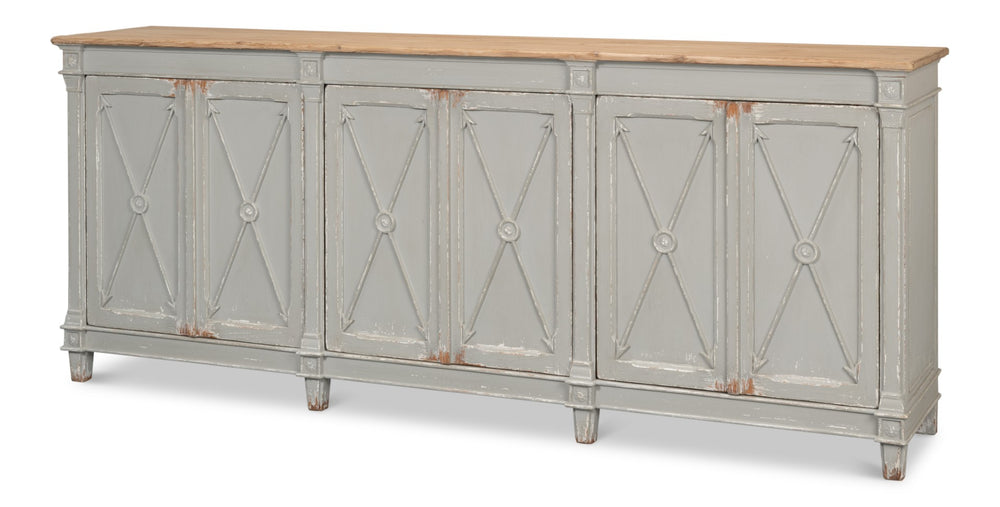 Sarreid Marksman Sideboard In Antique Muted Grey - Stylish Storage With 3 Removable Shelves & Natural Top Grey  40426-4
