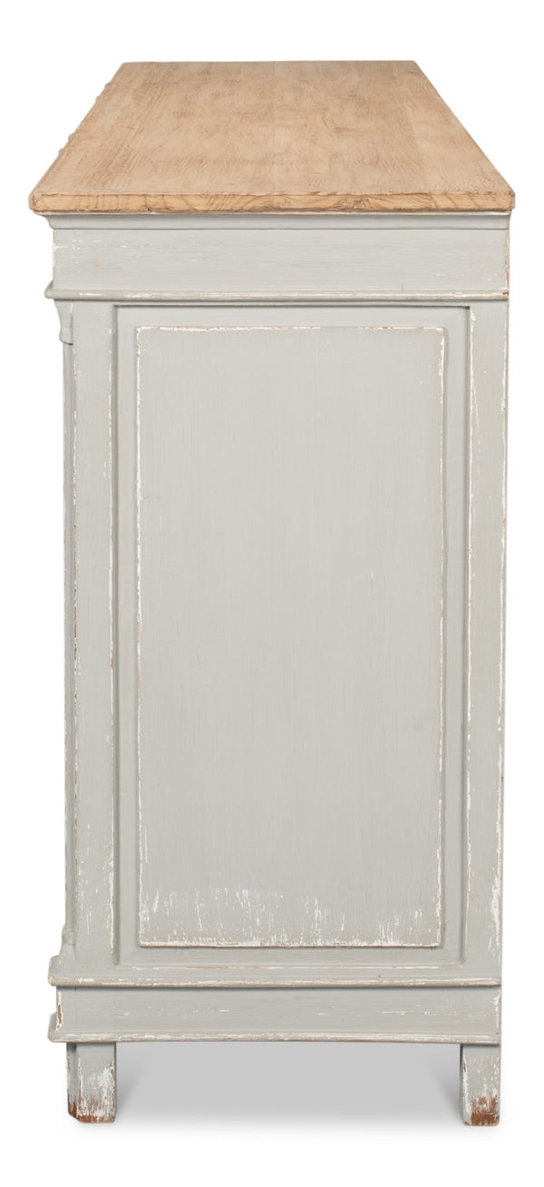 Sarreid Marksman Sideboard In Antique Muted Grey - Stylish Storage With 3 Removable Shelves & Natural Top Grey  40426-4