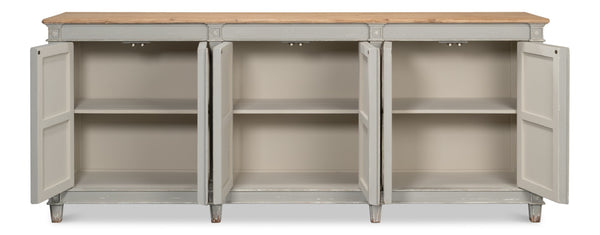 Sarreid Marksman Sideboard In Antique Muted Grey - Stylish Storage With 3 Removable Shelves & Natural Top Grey  40426-4