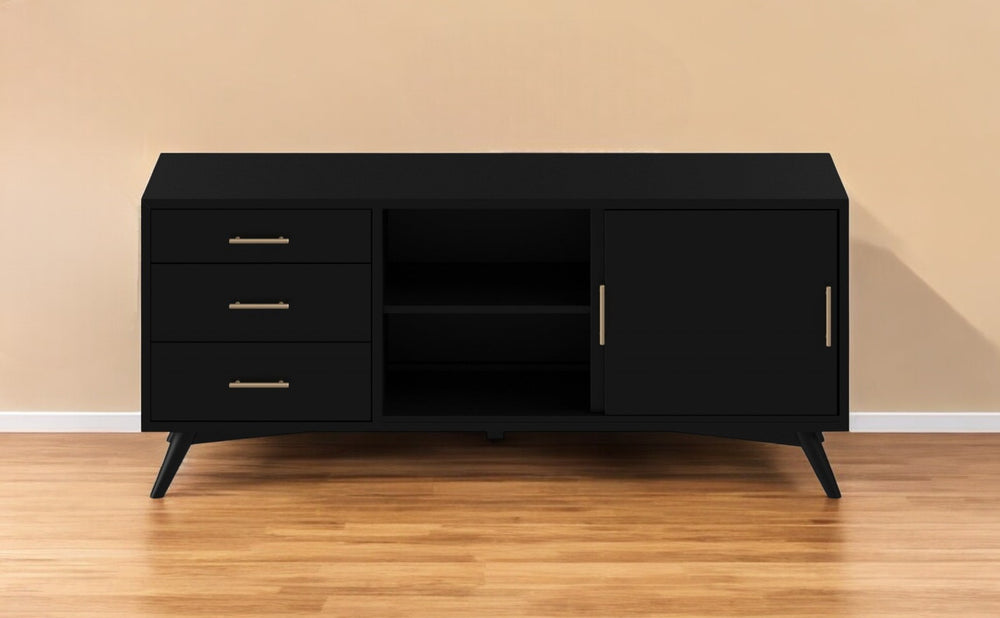 Homeroots 64" Black Mahogany Solid Wood Enclosed And Open Storage Tv Stand  Solid Wood 404264