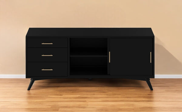 Homeroots 64" Black Mahogany Solid Wood Enclosed And Open Storage Tv Stand  Solid Wood 404264