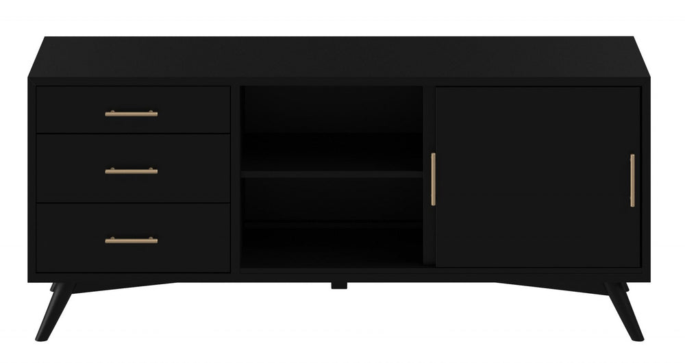 Homeroots 64" Black Mahogany Solid Wood Enclosed And Open Storage Tv Stand  Solid Wood 404264