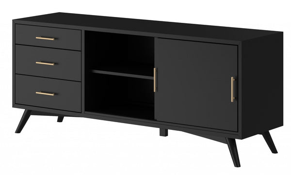 Homeroots 64" Black Mahogany Solid Wood Enclosed And Open Storage Tv Stand  Solid Wood 404264