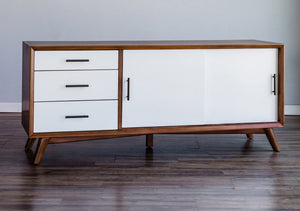 Homeroots Flair 64" Acorn And White Mid Century Mod Tv Console  Solid Wood 404265