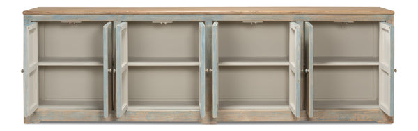 Sarreid Eight Is Enough Sideboard - Antique Blue Charm With 8 Doors, 4 Shelves, And Natural Pine Top Design Blue  40427-5