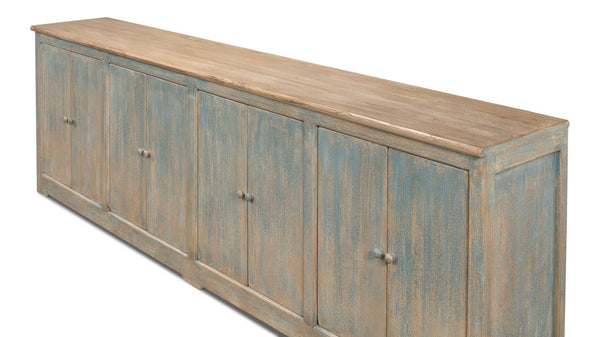 Sarreid Eight Is Enough Sideboard - Antique Blue Charm With 8 Doors, 4 Shelves, And Natural Pine Top Design Blue  40427-5