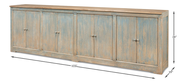 Sarreid Eight Is Enough Sideboard - Antique Blue Charm With 8 Doors, 4 Shelves, And Natural Pine Top Design Blue  40427-5
