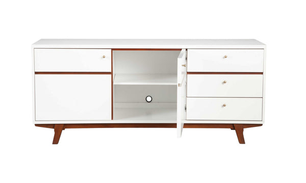 Homeroots 65" White Mahogany Solids And Veneer Cabinet Enclosed Storage Tv Stand  Solid Wood 404272