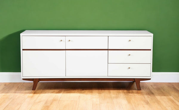 Homeroots 65" White Mahogany Solids And Veneer Cabinet Enclosed Storage Tv Stand  Solid Wood 404272